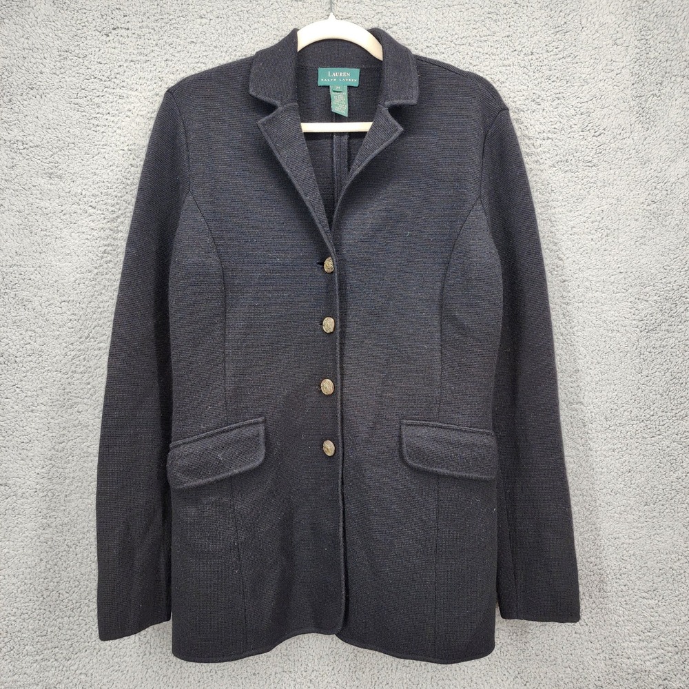 Lauren Ralph Lauren Black 100% Merino Wool Crest Button Sweater Blazer Medium